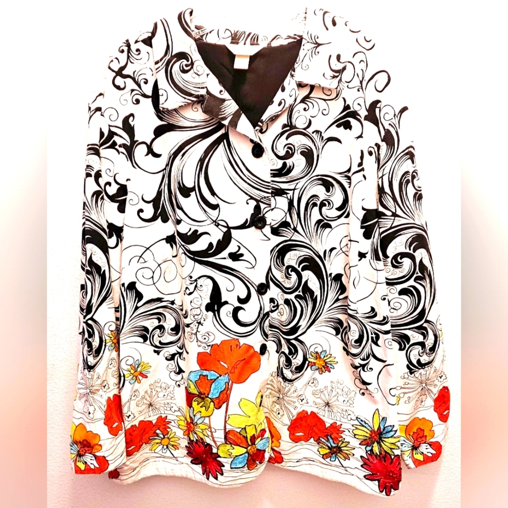 C J Banks Floral ~ Beaded ~ Black and White Shirt/Jacket Size 3XL
